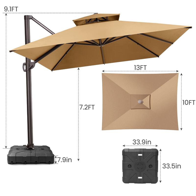 10 x 13 Feet Double Top Rectangular Rotating Patio Offset Cantilever Umbrella with Crank
