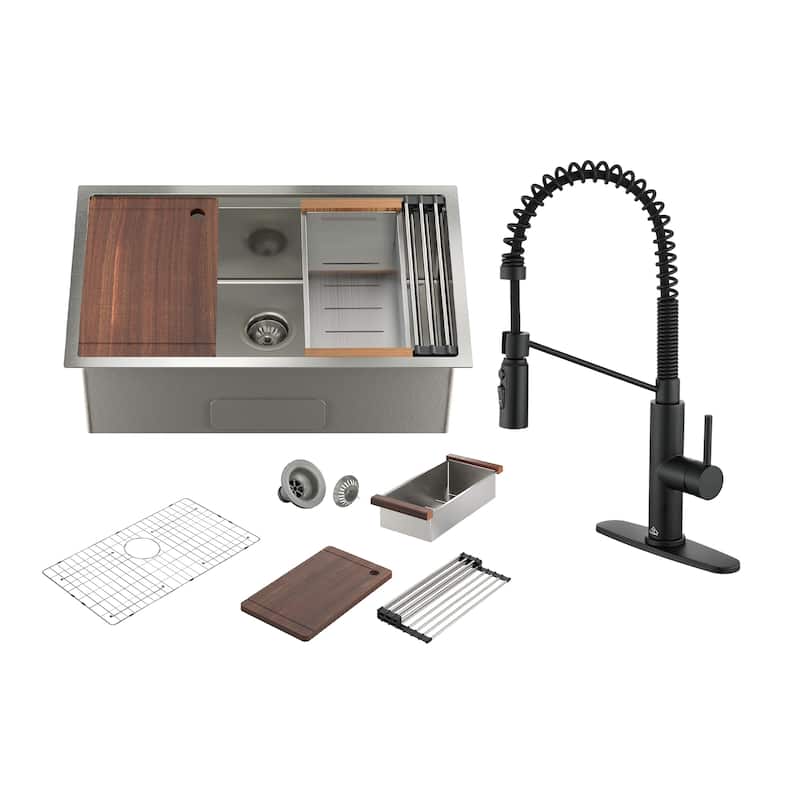 Undermount Single Bowl 16 Gauge Nano Stainless Steel Workstation Kitchen Sink with Pull Down Kitchen Faucet and Accessories - 30 x 19 x 10 - Sink + Matte Black Pull Down Kitchen Faucet