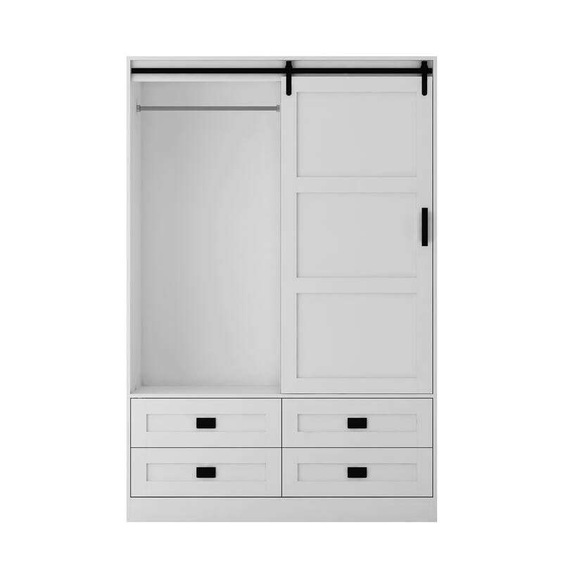 Classic Sliding Barn Door Wardrobe Bedroom Armoire Closet Clothing Storage Cabinet with Hanging Rod, Drawers & Open Shelves