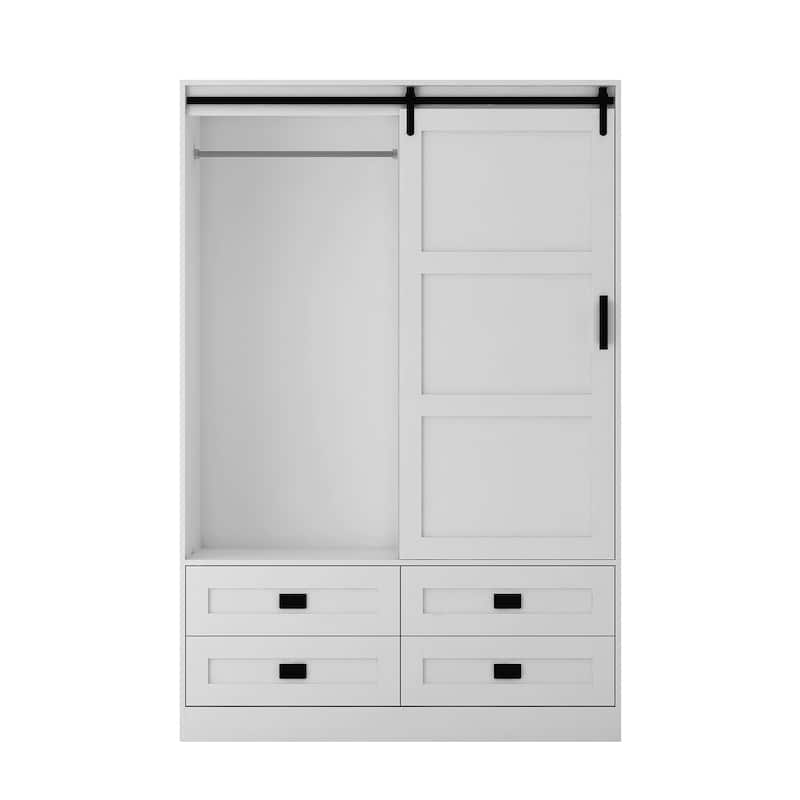 Tall Bedroom Armoire Wardrobe Closet Clothing Storage Cabinet with Hanging Rod Barn Door Drawers Open Shelves