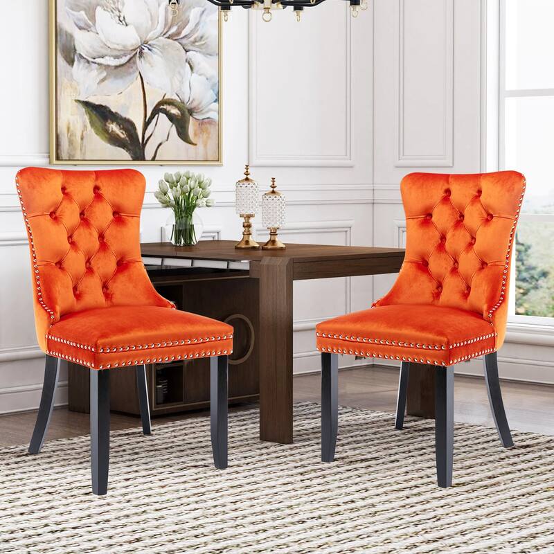 Set of 2 Modern Velvet Dining Chairs – Upholstered Side Chairs with Nailhead Trim and Solid Wood Legs for Kitchen & Dining Room - Orange