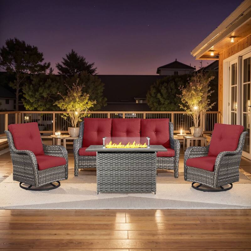 Fire Pit Table with Patio Glider Chairs Sofa Set - Grey - Red
