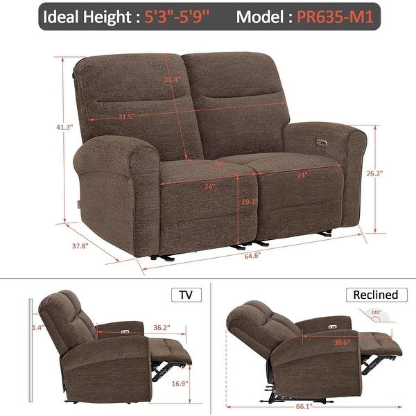 dimension image slide 7 of 16, MCombo 64.6" Wall Hugger Power Loveseat Fabric Recliner Sofa with USB Ports