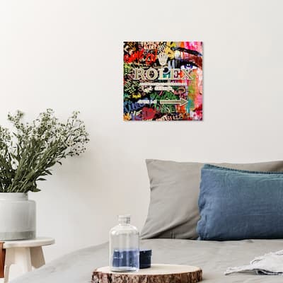 Wynwood Studio Canvas Fashion and Glam Watch Collector Road Sign Neon Graffiti Square Gold and Gold Glam Wall Art Canvas Print