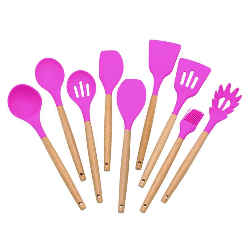 Elyon 9 Piece Colored Silicone with Wood Handles Kitchen Utensils Set - 9 Piece - Lavender