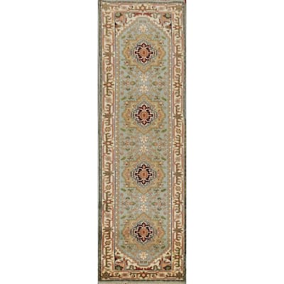 Aqua Heriz Serapi Indian Runner Rug Hand-Knotted Wool Carpet - 2'6" x 10'4"