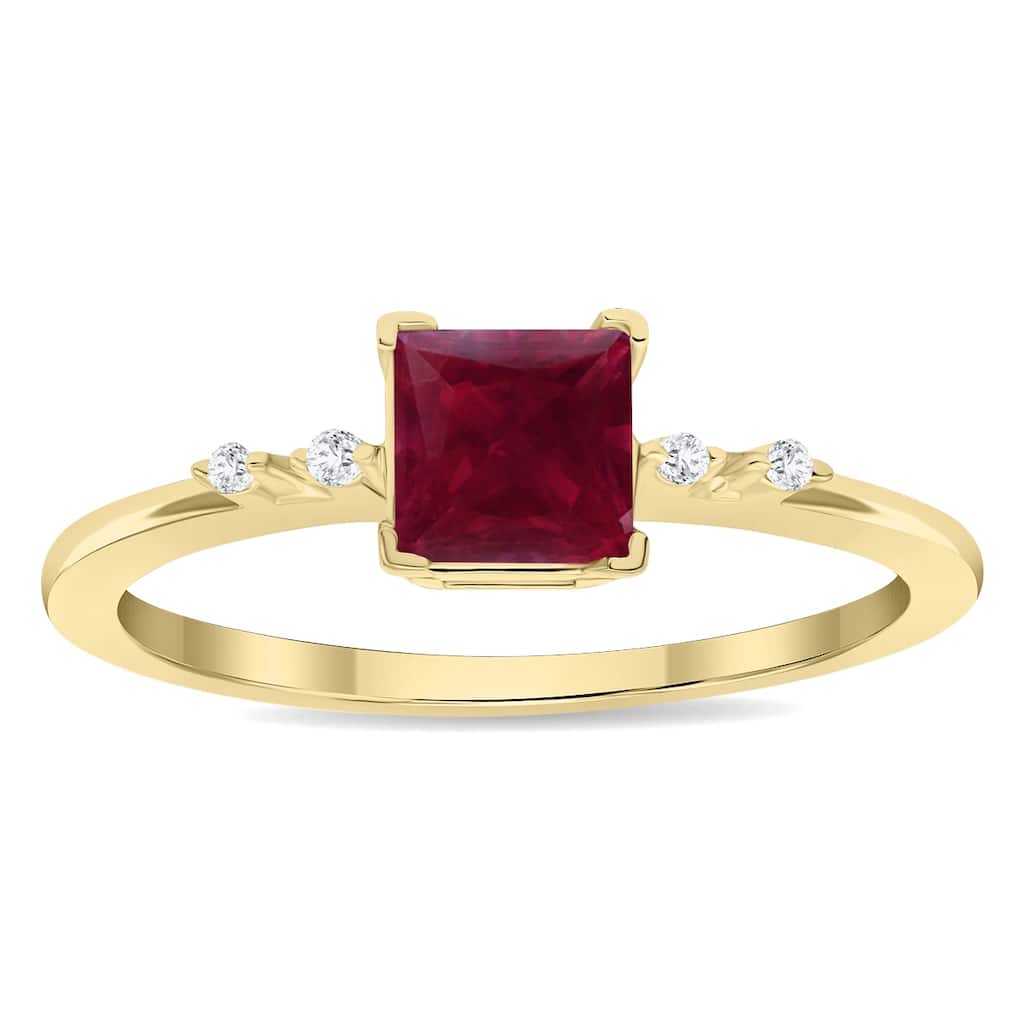 Women's Square Shaped Ruby and Diamond Sparkle Ring in 10K Yellow Gold