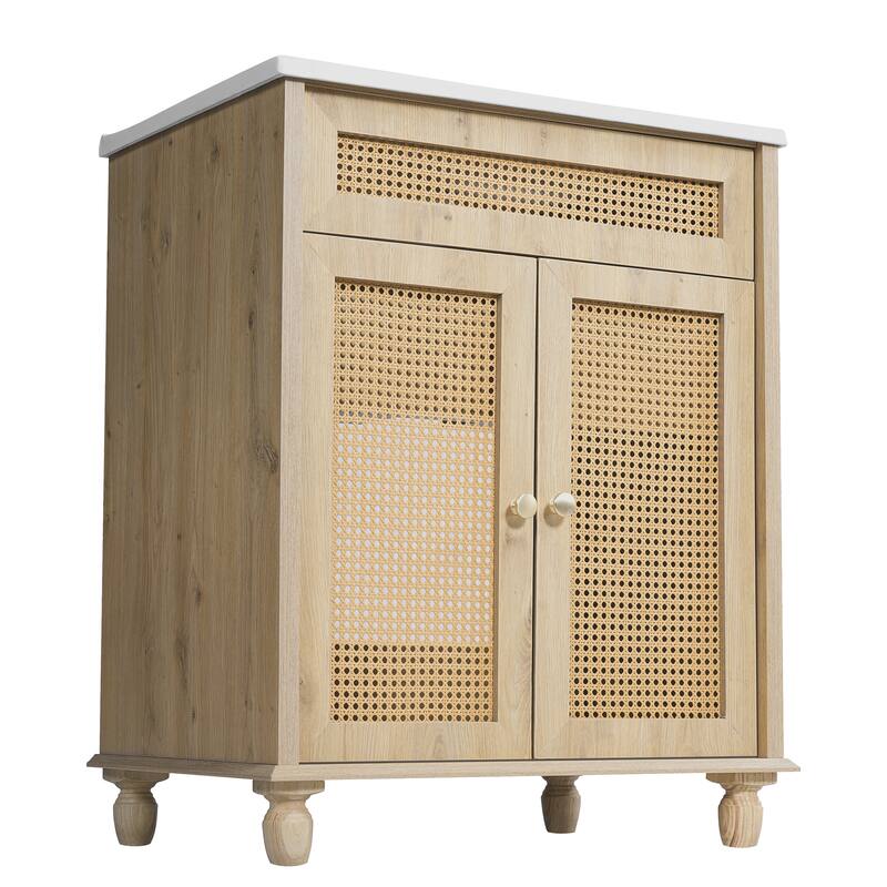 Bathroom Vanity with Sink, Freestanding Bathroom Sink Vanity, Bathroom Cabinet with Rattan-Handwoven Doors & Drawers