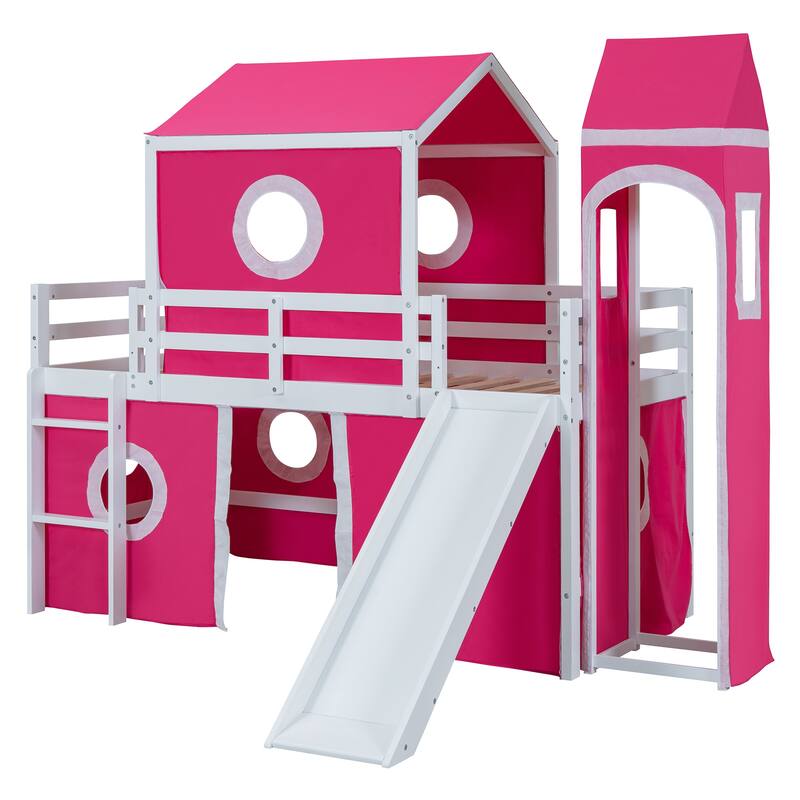 Twin Size Loft House Bed with Slide, Tent, & Tower