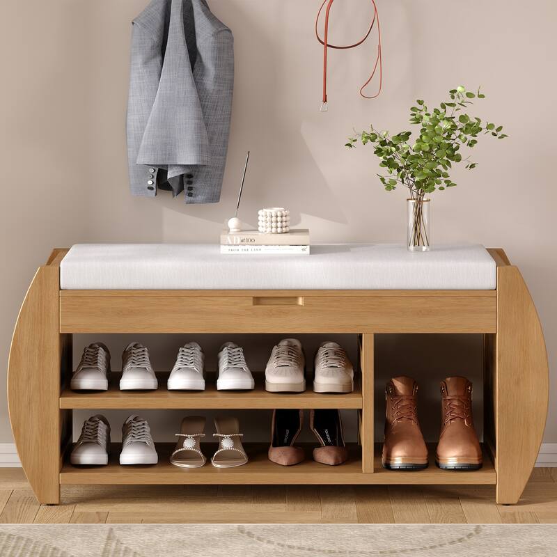 Wooden Panel 2-Tier Shoe Bench with Cushion & Curved Side Holder - Natural