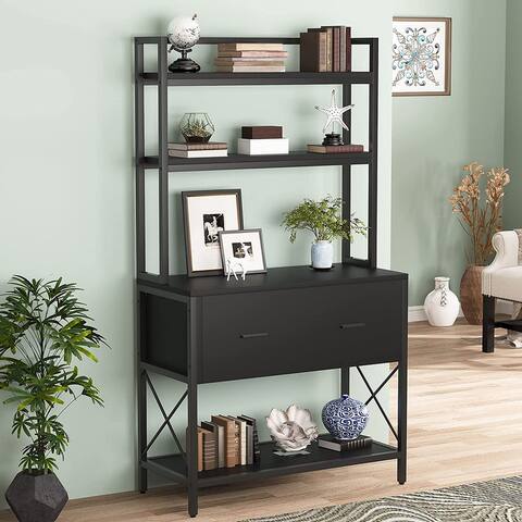 Tall Bookcase with File Cabinet Lateral, Big Bookshelf Filing Cabinet with 3 Tiers Shelves - 15.74 x 33.07 x 63.38 inches