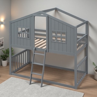 Twin Over Twin Solid Wood House Bunk Bed with Ladder - Bed Bath ...