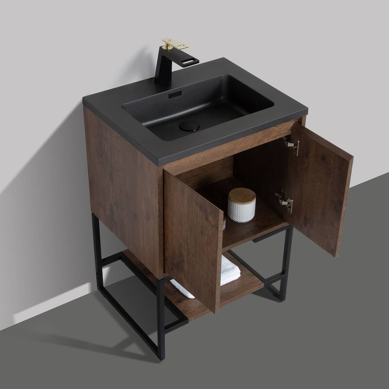 Freestanding Bathroom Vanity Set in Rose Wood with Integrated Solid Surface Sink