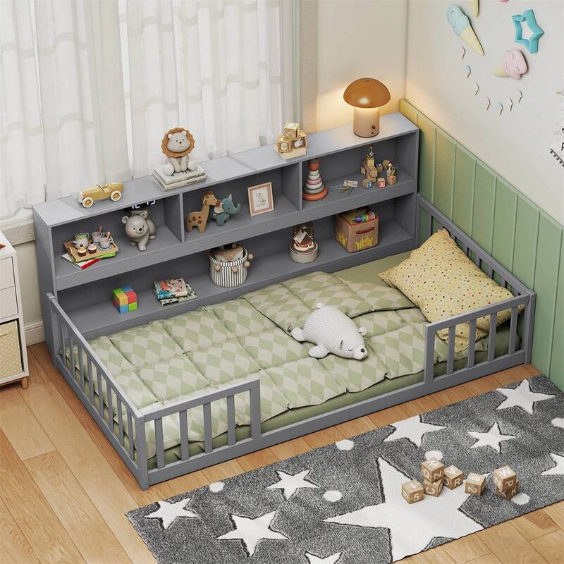 Pine Wood Twin Montessori Floor Bed with Bookshelf and Safety Rails