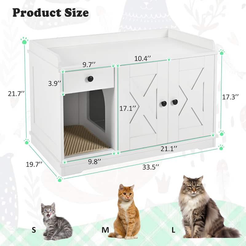 Farmhouse Cat Litter Box Enclosure with Drawer Mat and Side Table White
