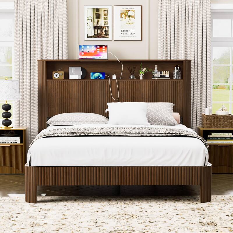 Queen Size Bed Frame with Storage Headboard, Built-in Charging Station, Wavy Design, Silent Operation, Walnut Finish