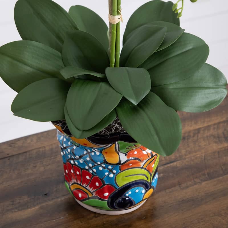 Triple Orchid Artificial Floral Arrangement with Mexican Talavera Planter - 27"