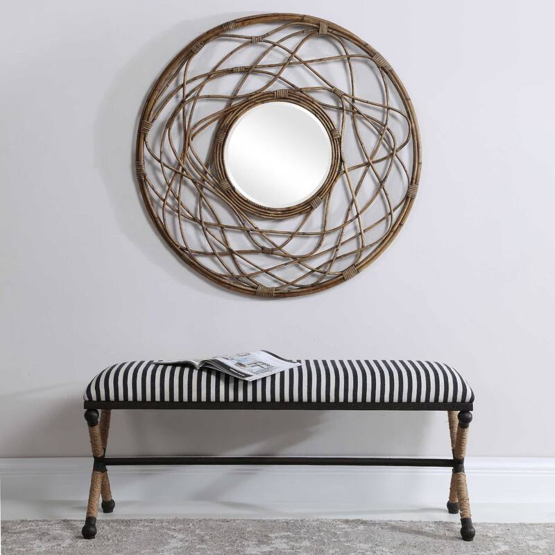 48" Navy Blue and Cream White Striped Upholstered Bench