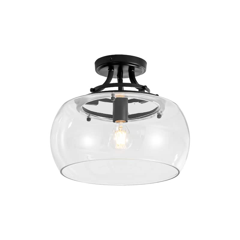 1-Light 13.8" W Modern Schoolhouse Matte Black Semi-Flush Mount Ceiling Light with Clear Dome Glass Shade for Bedroom