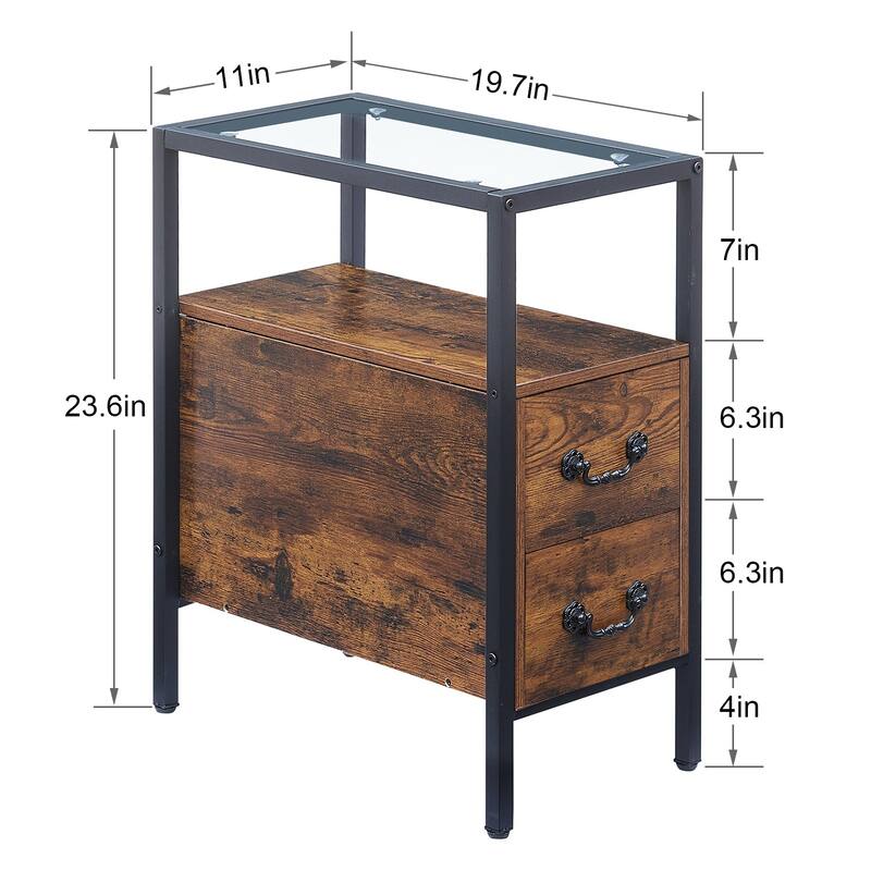 Industrial 2-Drawer Tempered Glass Narrow Nightstands /End Side Tables
