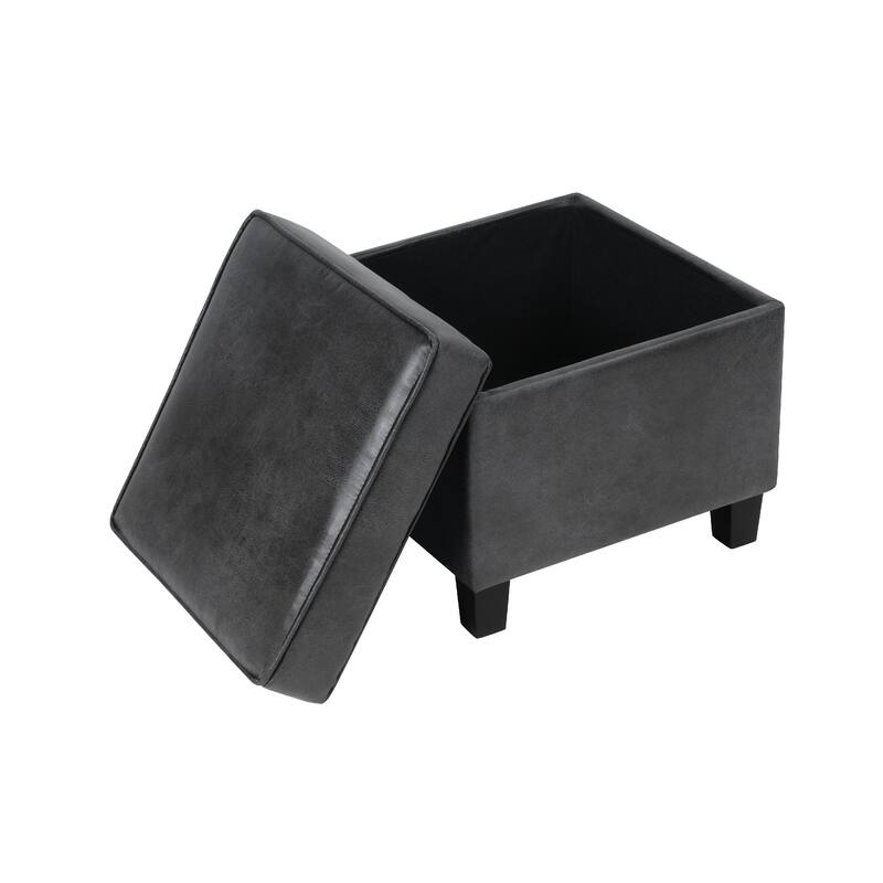 Pyp Square Storage Ottoman, 18 Inch Dark Gray Faux Leather, Black Wood