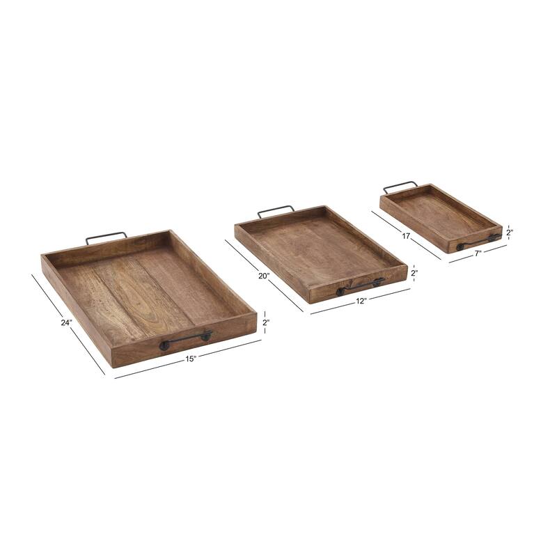 Brown Mango Wood Living Room Decor Tray with Slot Handles (Set of 3)