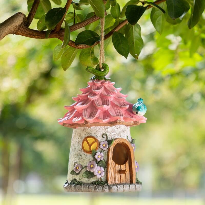 Glitzhome 9''H Resin Pink Yellow Roof Outdoor Garden Birdhouse - Pink