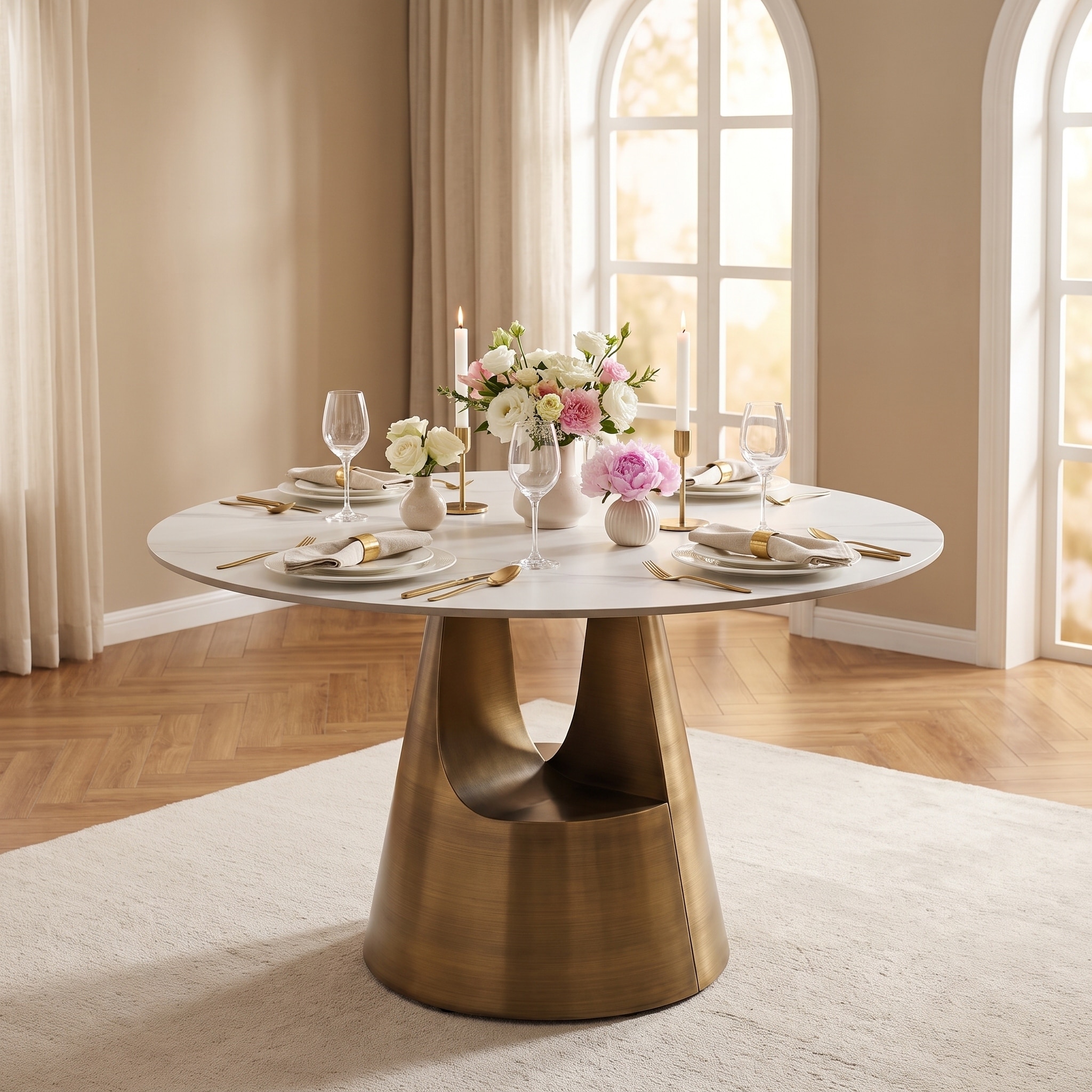 White Sintered Stone Round Dining Table with Bronze Stainless Steel Base