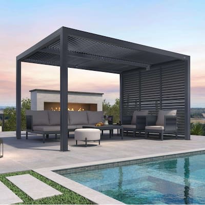 PURPLE LEAF Gray Louvered Pergola Outdoor Aluminum Pergola with Adjustable Roof for Patio Grey Hardtop Gazebo