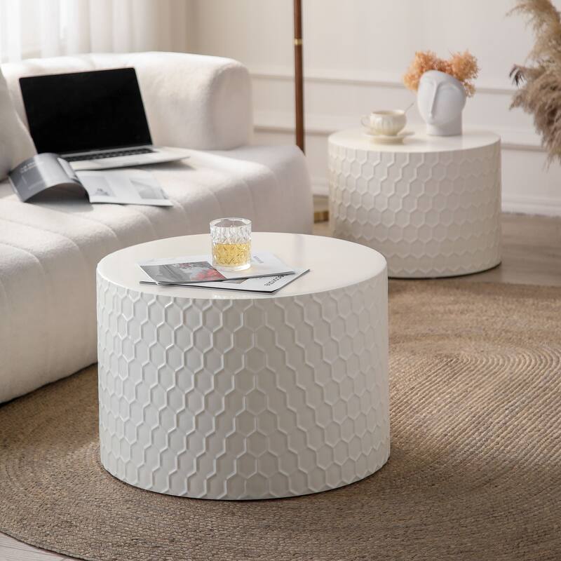 Stylish Nesting Coffee Table Set Modern Round Coffee Table with Honeycomb Design, for Living Room, 2-Piece Set