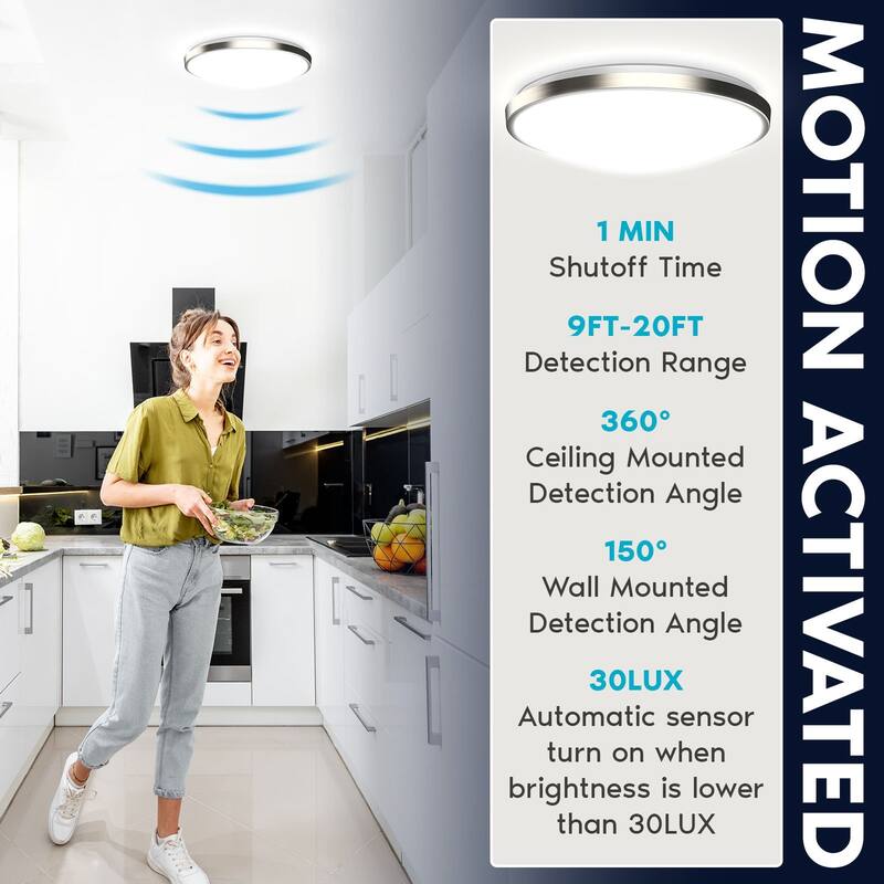 Luxrite Motion Sensor LED Flush Mount Ceiling Light, 15 Inch, 5CCT 2700K-5000K, 24W, 1800LM, ETL