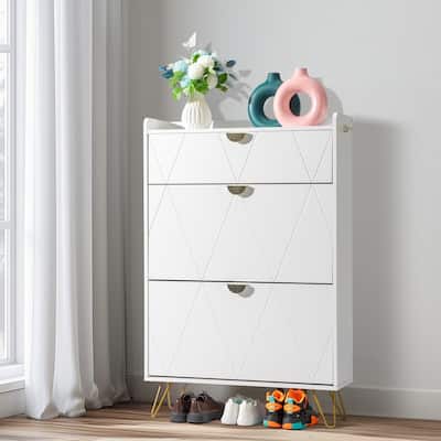 White 3 Flip Drawers Shoe Storage Cabinet