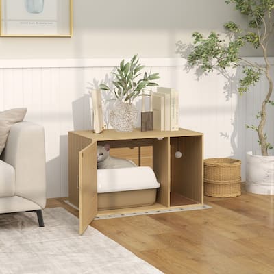 Modern Oak Cat Litter Box Furniture with Rattan Door and Storage Top Scratching Pad Included