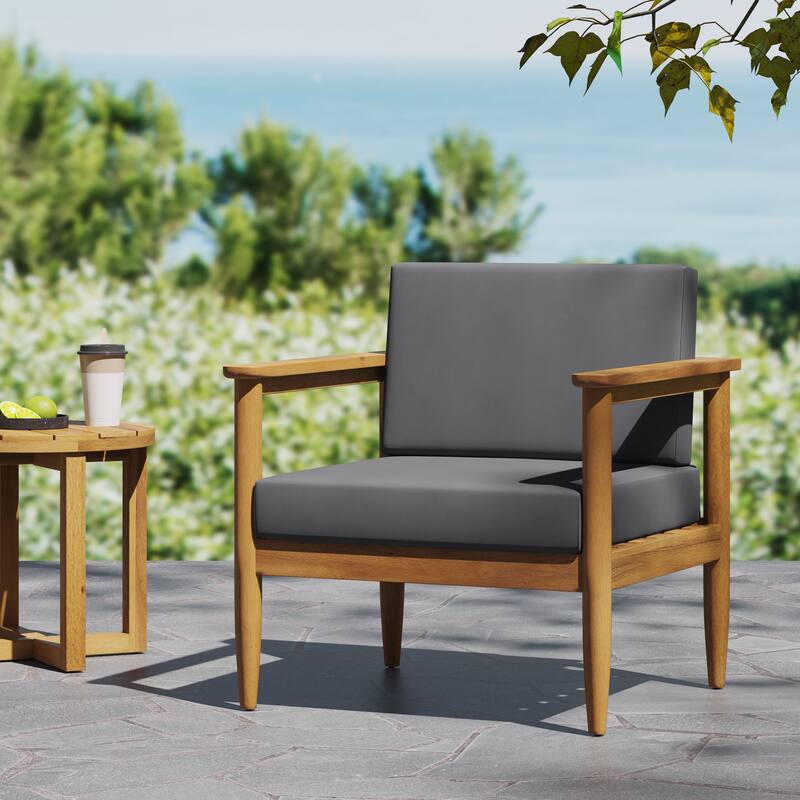 Roomfitters Mid-Century Acacia Wood Outdoor Lounge Chair with Cushions, Weather-Resistant, Grey