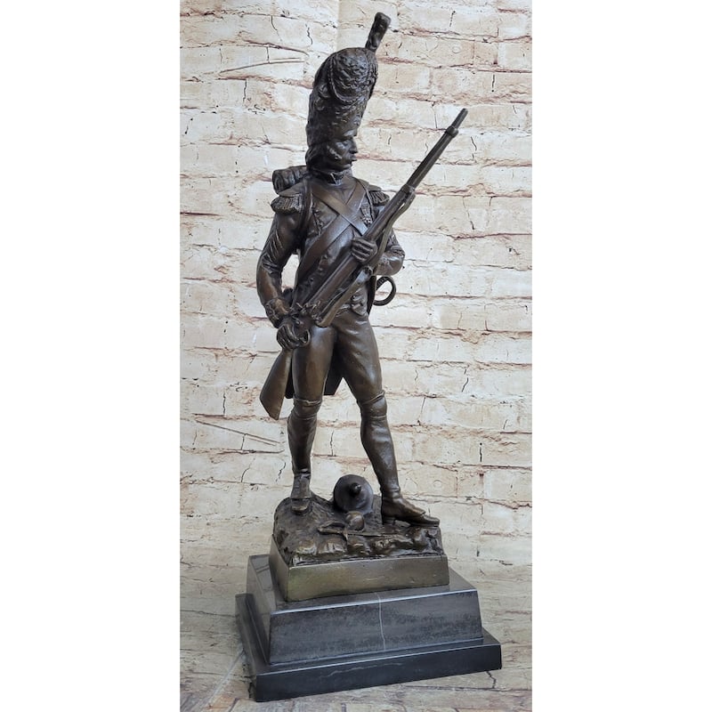 19Th Century European Soldier W/ Rifle In Bearskin Hat Bronze Metal Statue Sculpture