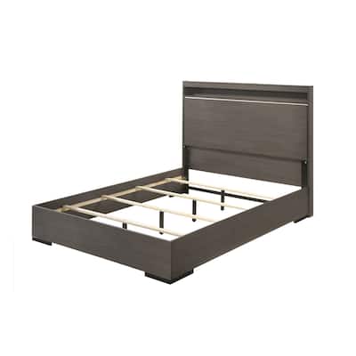 Wooden Eastern King Bed with LED in Gray Oak Finish