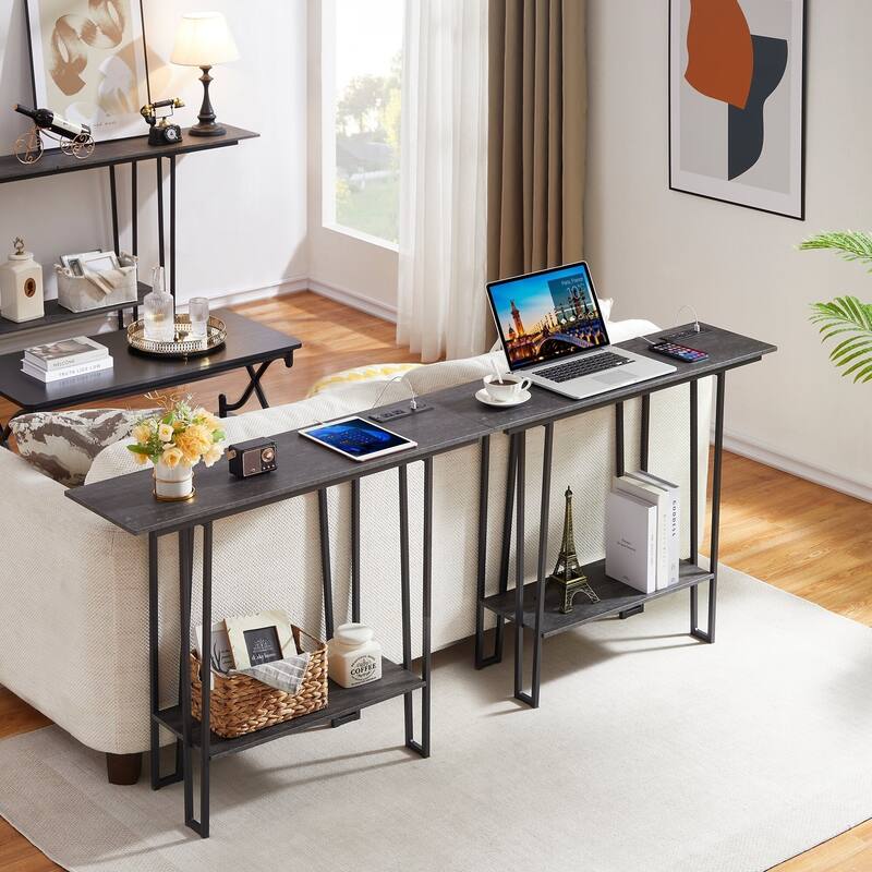 Console Table with Outlets for Entryway, Sofa Table with Wood Shelves, Industrial Entryway Table Foyer Table