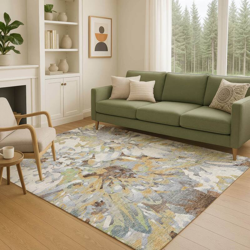 Machine Washable Indoor/ Outdoor Abstract Floral Chantille Rug