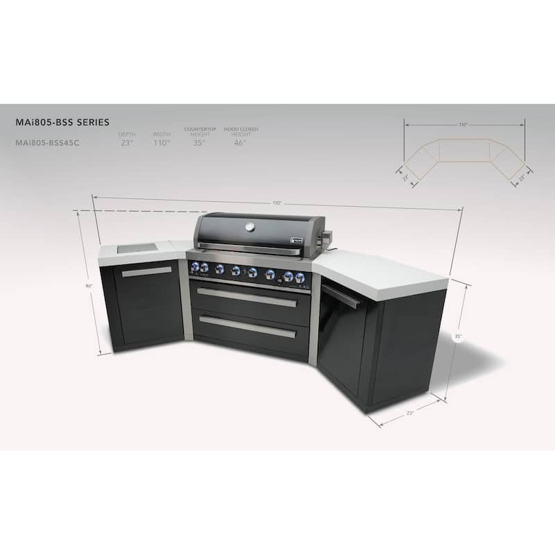 Mont Alpi MAi805-BSS45 6-Burner U-Shaped 45° Corner Black Stainless Steel Modular Outdoor Kitchen Barbecue Island Grill - N/A