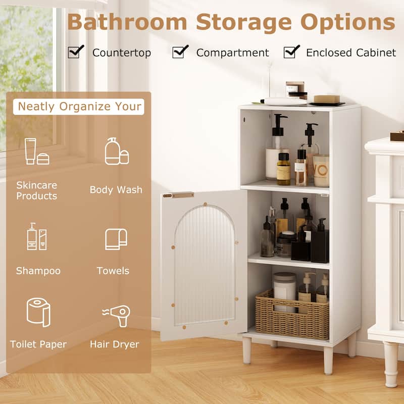 White Wooden Bathroom Floor Cabinet with Tempered Glass Door and Adjustable Storage Shelves - 14" x 12" x 35.5"