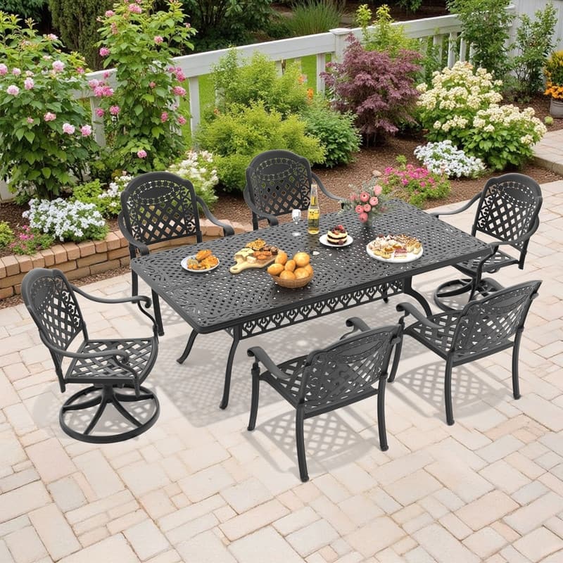 7-Piece Outdoor Dining Set with 1 Table and 6 Chairs, All-Weather Aluminum Outdoor Patio Sets