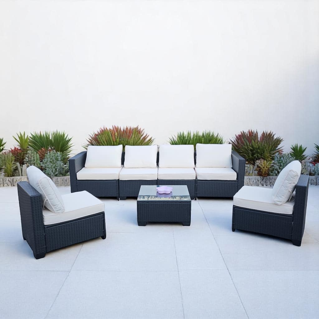 7-Piece Outdoor Rattan Patio Furniture Set, Black PE Wicker Sectional Sofa with Blue Cushions, Tempered Glass Table