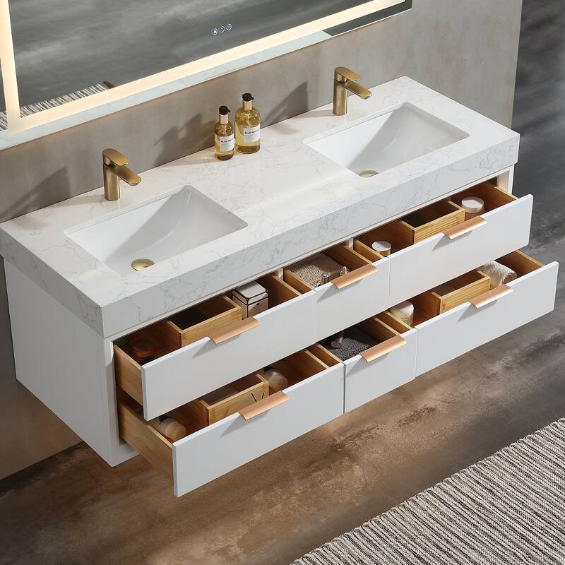 60 Inch Solid Wood Frame Wall-Mounted Bathroom Vanity Set with Double Ceramic Basin