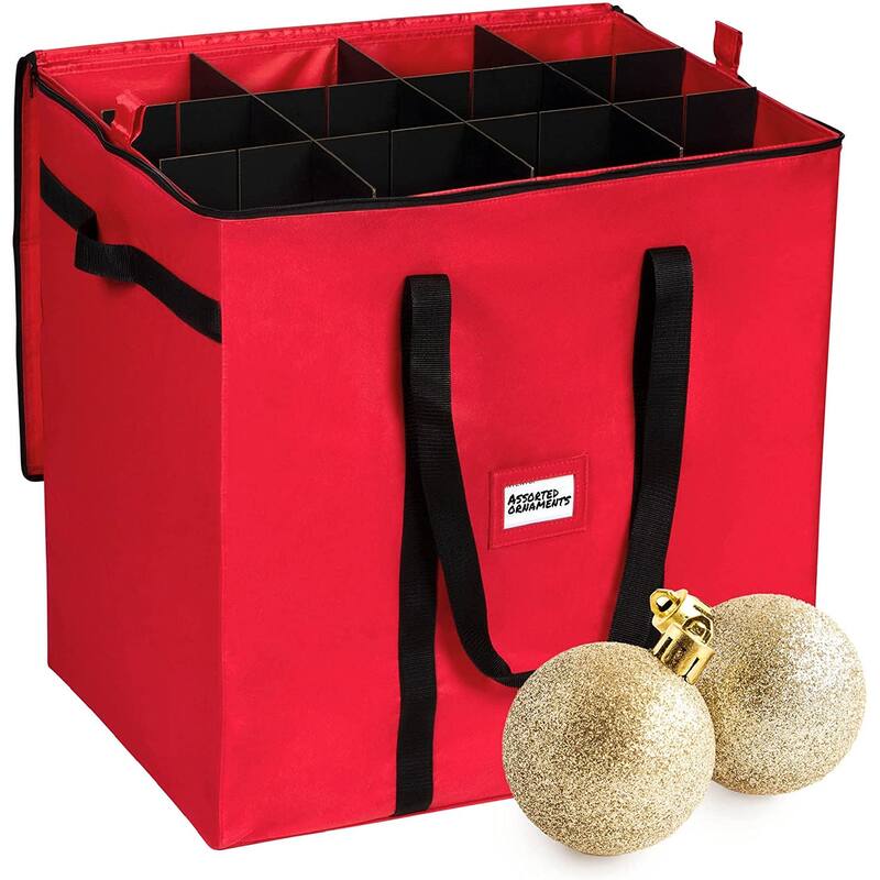 Christmas Ornament Storage Container - Heavy Duty 600D Tear Resistant Material, Zippered, Adjustable Dividers