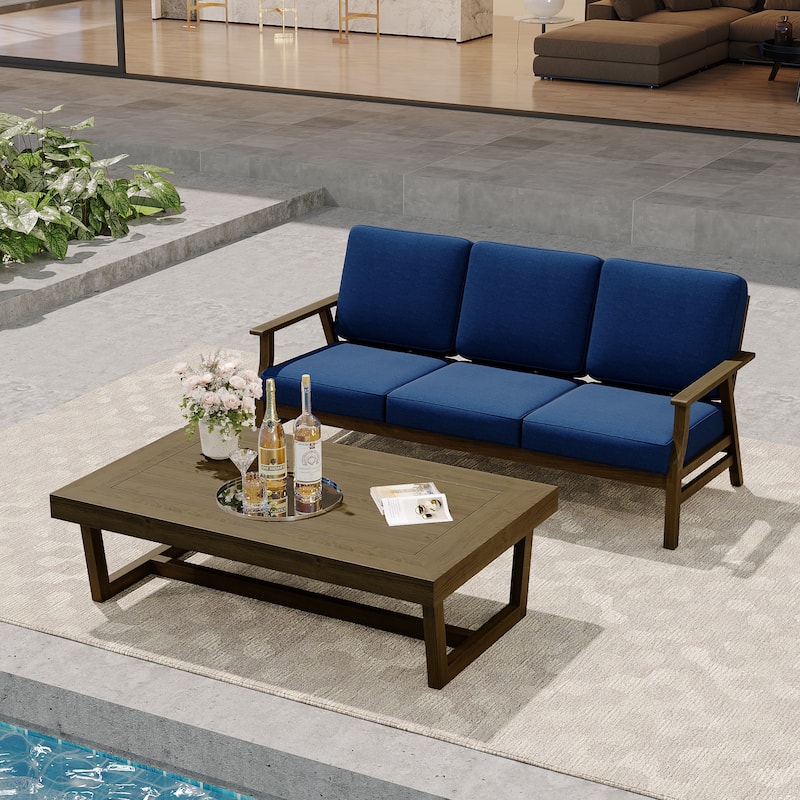 Modern Wood Outdoor Patio Sofa Loveseat with Cushion - Sofa Set - Navy