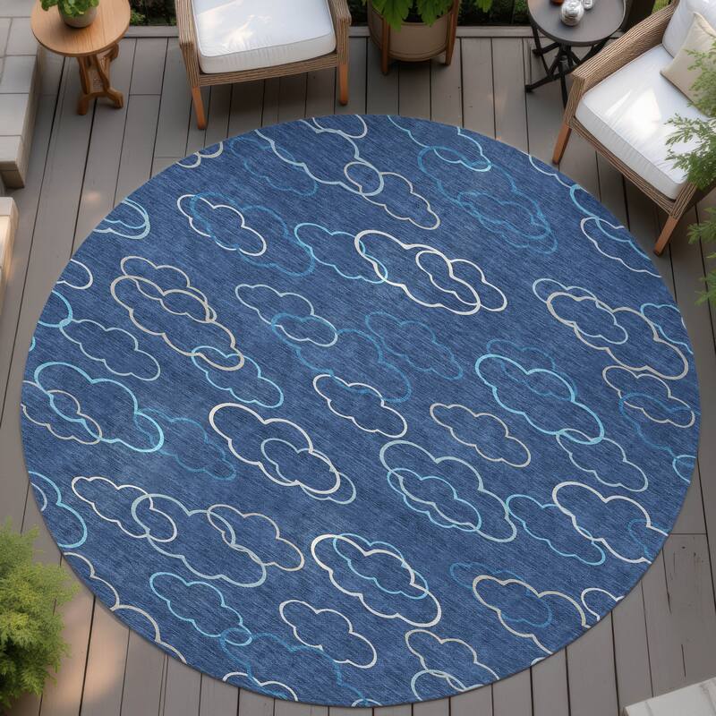 Machine Washable Indoor/ Outdoor Modern Clouds Chantille Rug - Navy - 8' x 8'