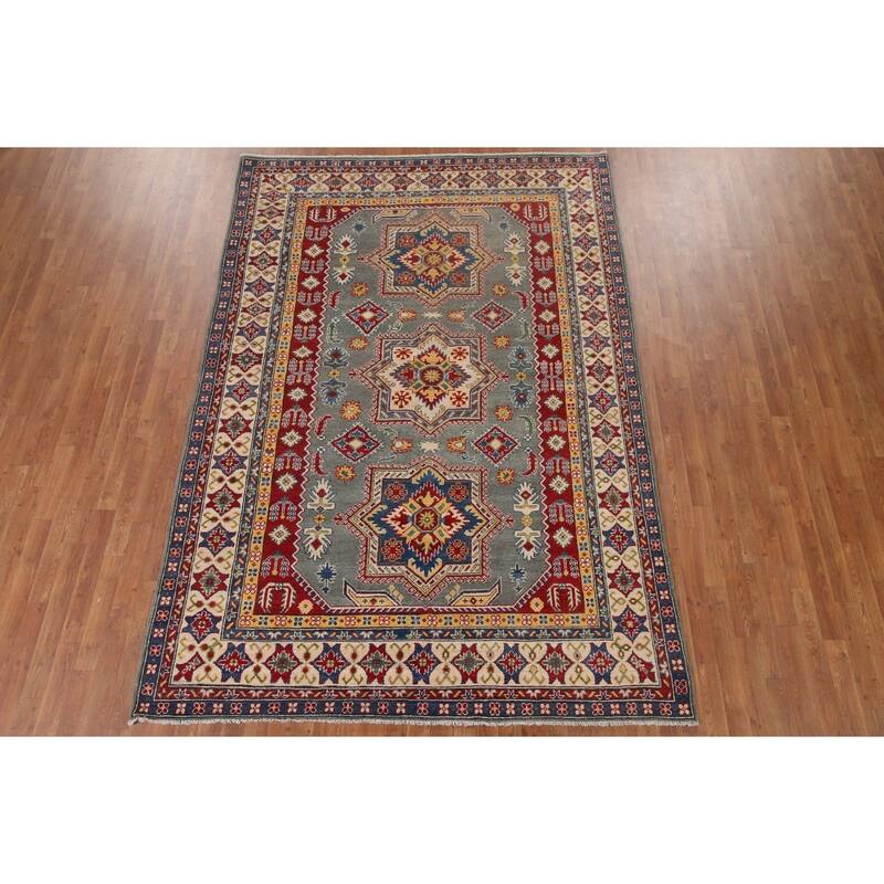 Hand Knotted Oriental 100% Wool Carpet Traditional Geometric Greys & Charcoal Kazak Area Rug - 9' 10'' X 6' 9''