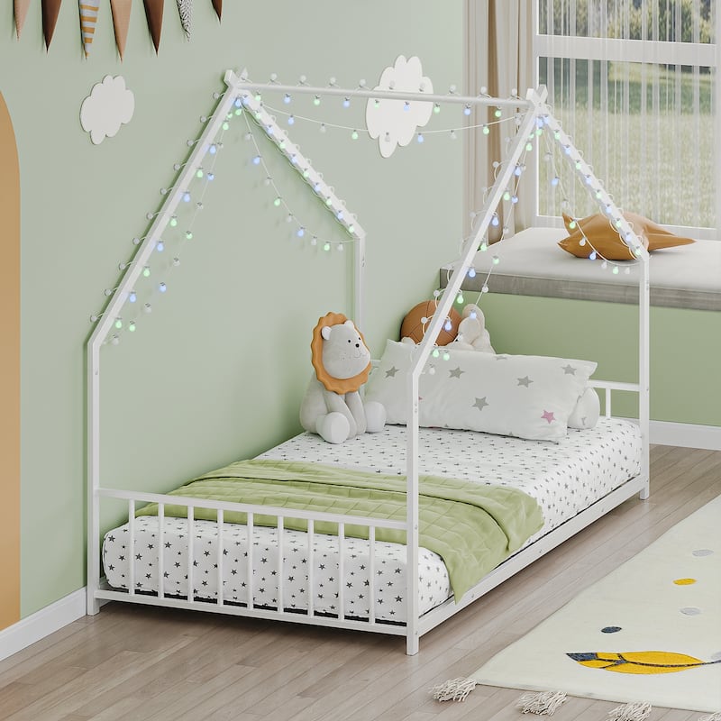 House-shaped Bed Frame, Toddler Kid Iron Floor Bed with House Roof Frame and LED Light Strips, House Daybed