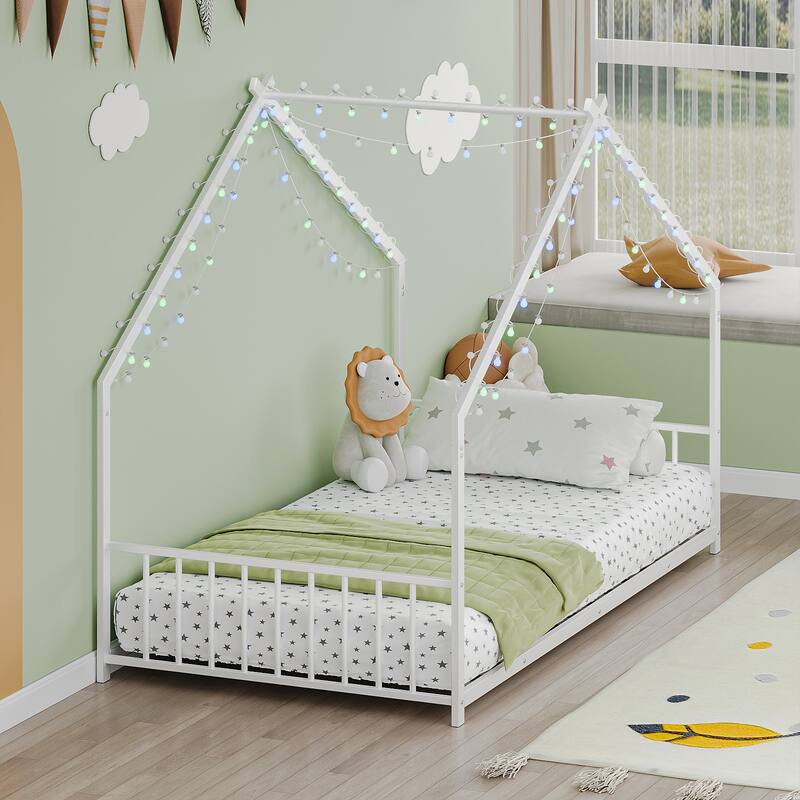 Twin Size LED Roof-Shaped Iron Bed Frame for Kids, White, 78.5x40.9x58.4 Inches