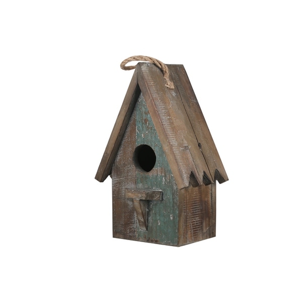Wooden Bird House with Saw tooth Edge Design on Roof, Brown. Opens flyout.